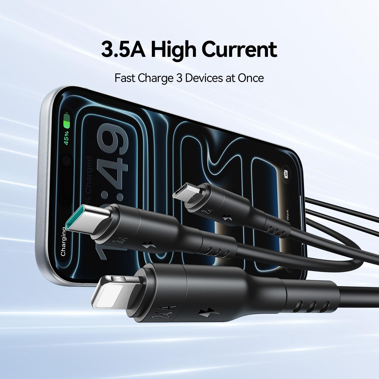 JOYROOM 3 in 1 Charging Cable – USB/USB-C to Lightning, USB-C and Micro USB (1.2m)