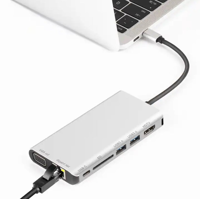 Dock station 8 en 1 USB-C vers HDMI,2 USB 3.0,SD,Type C,RJ45 et VGA