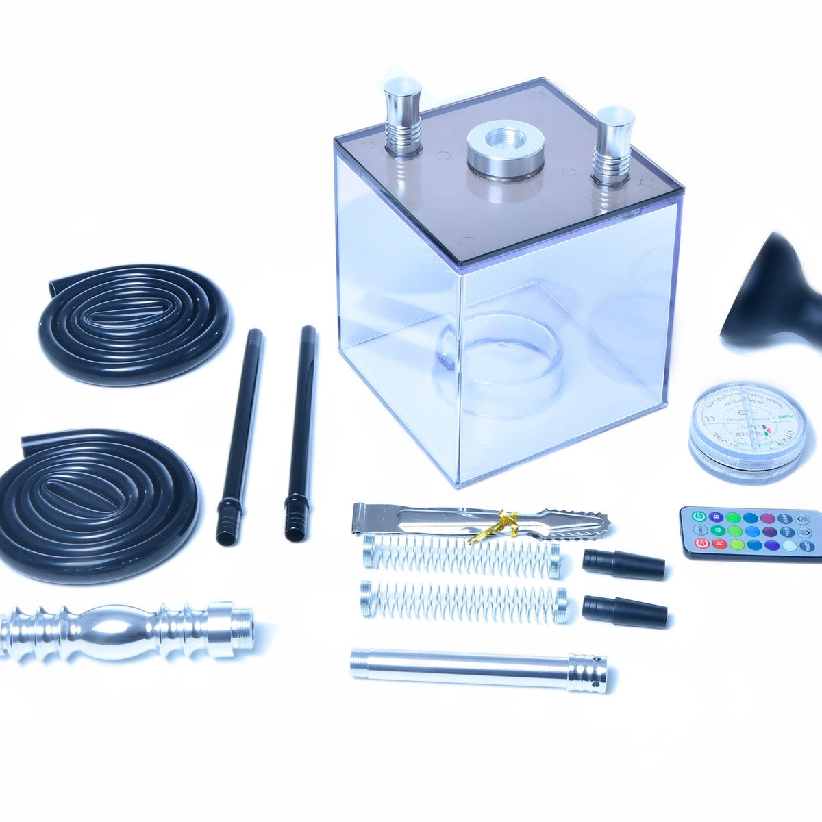 Chicha à double tuyau en acrylique – base cube avec éclairage LED