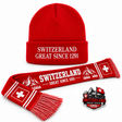 Pack hiver Suisse SWITZERLAND GREAT SINCE 1291 : bonnet rouge brodé, écharpe réversible et aimant frigo 3D