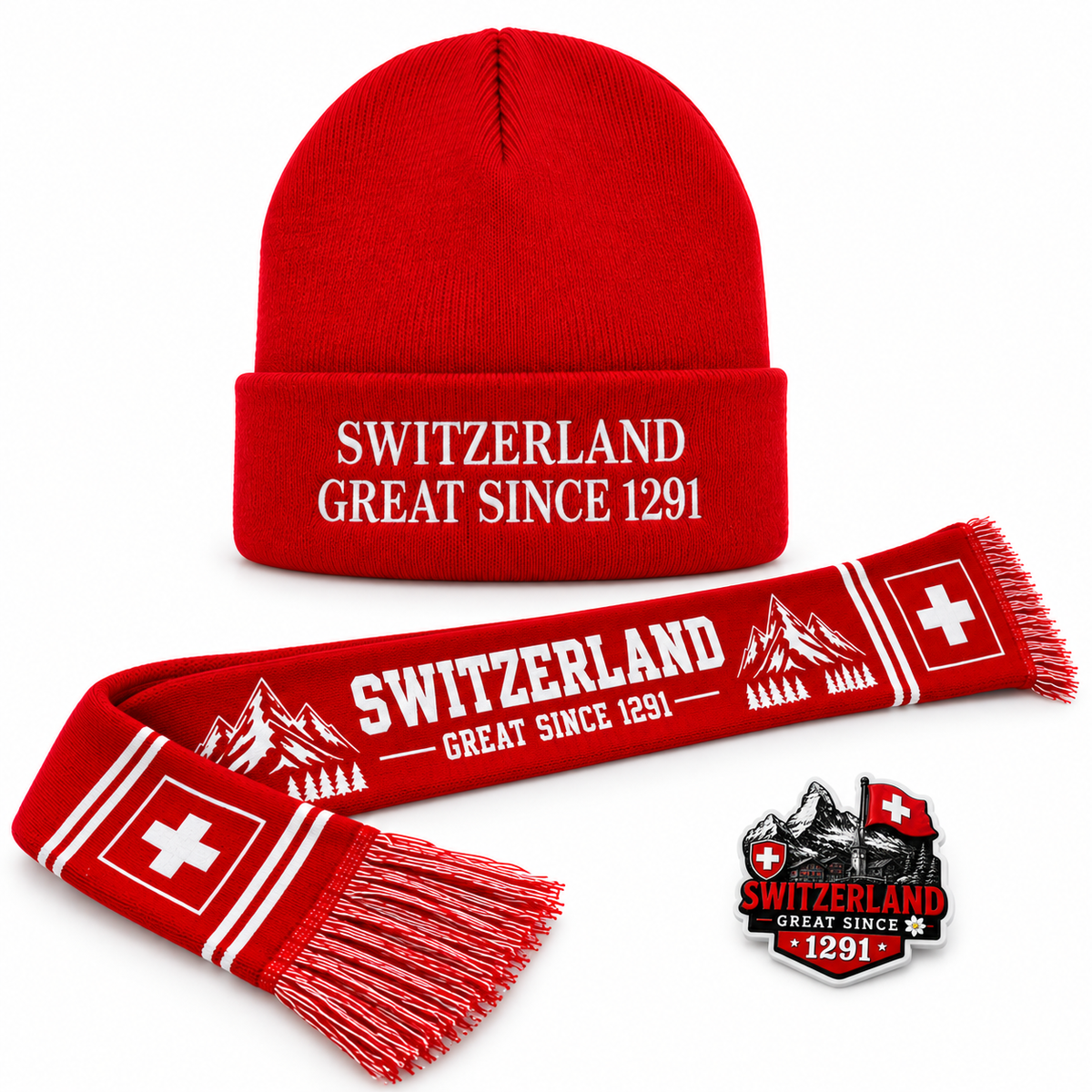 Pack hiver Suisse SWITZERLAND GREAT SINCE 1291 : bonnet rouge brodé, écharpe réversible et aimant frigo 3D
