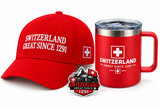 Coffret cadeau Suisse SWITZERLAND GREAT SINCE 1291 : casquette rouge brodée, mug isotherme et aimant frigo 3D