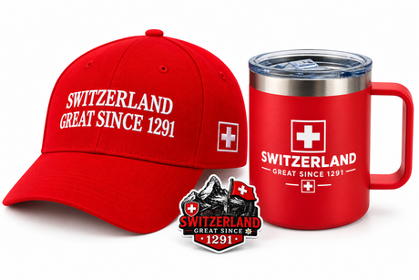 Coffret cadeau Suisse SWITZERLAND GREAT SINCE 1291 : casquette rouge brodée, mug isotherme et aimant frigo 3D