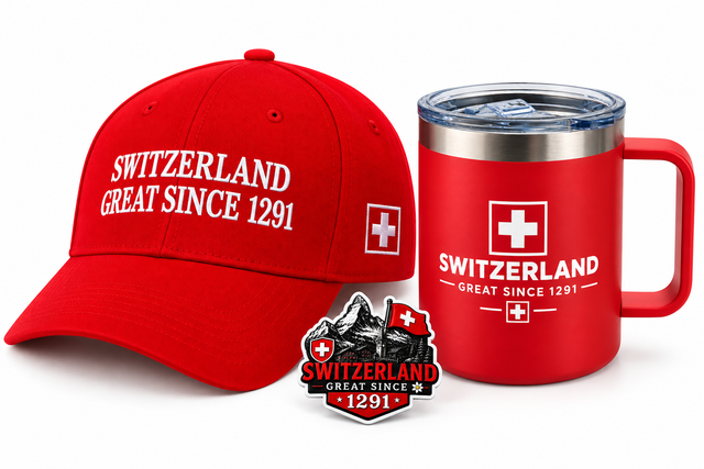 Coffret cadeau Suisse SWITZERLAND GREAT SINCE 1291 : casquette rouge brodée, mug isotherme et aimant frigo 3D
